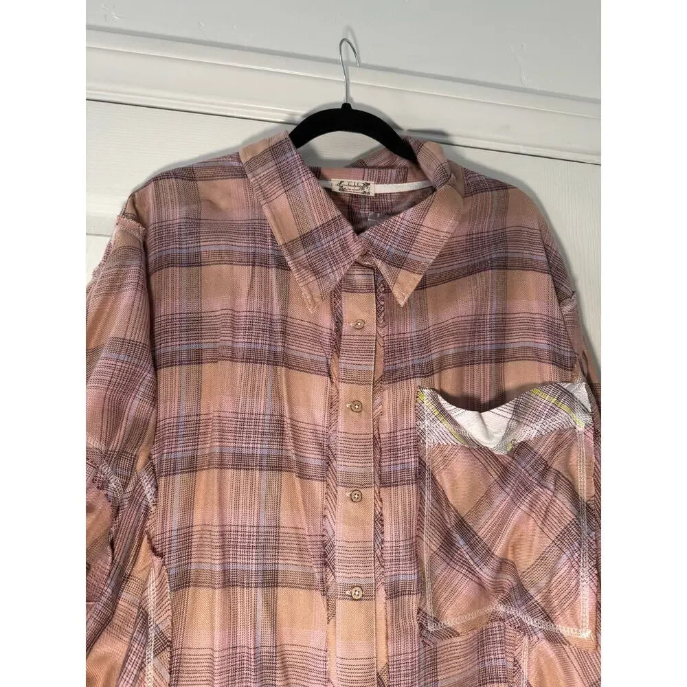 free people fallin' for flannel‎ sleep shirt tan & pink combo women size small